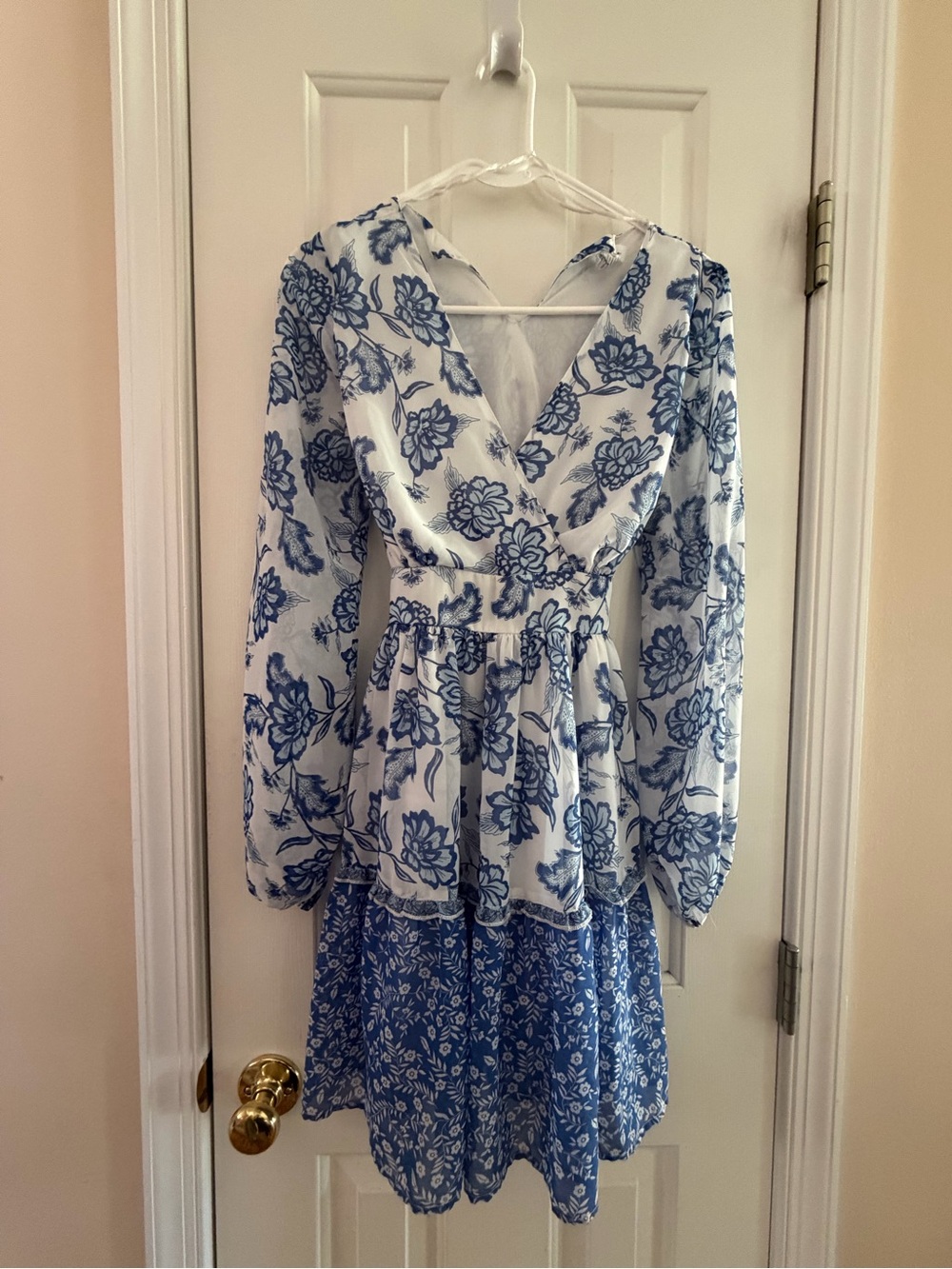 Japna Blue and White Floral Wrap-Front Long Sleeve Dress